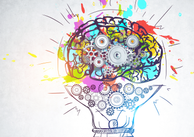 lightbulb drawing with colourful cogs