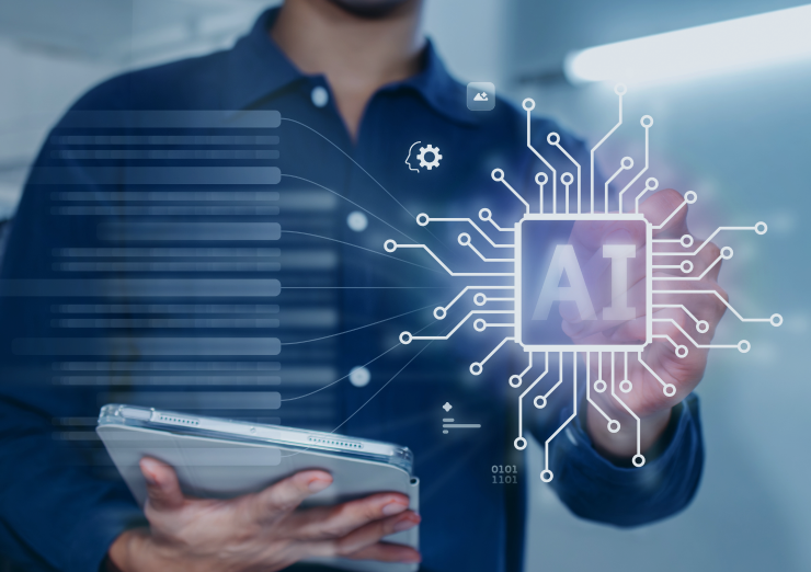 Man holding laptop behind transparent AI graphic